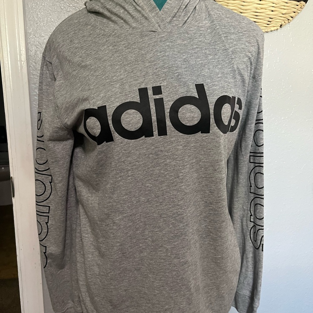 Adidas Men's Gray Hoodie Tee Shirt long sleeve Lg 14/16